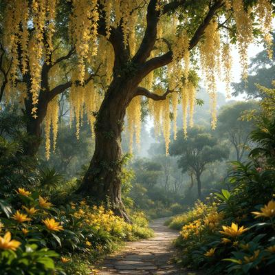 The primary subject of the image is a tree with yellow flowers hanging from its branches. The tree is located in a forest, surrounded by a variety of plants and flowers. The visual style of the image is a digital art, creating a vibrant and lively atmosphere. The dominant colors in the image are yellow and green, with the yellow flowers adding a pop of color to the scene.
